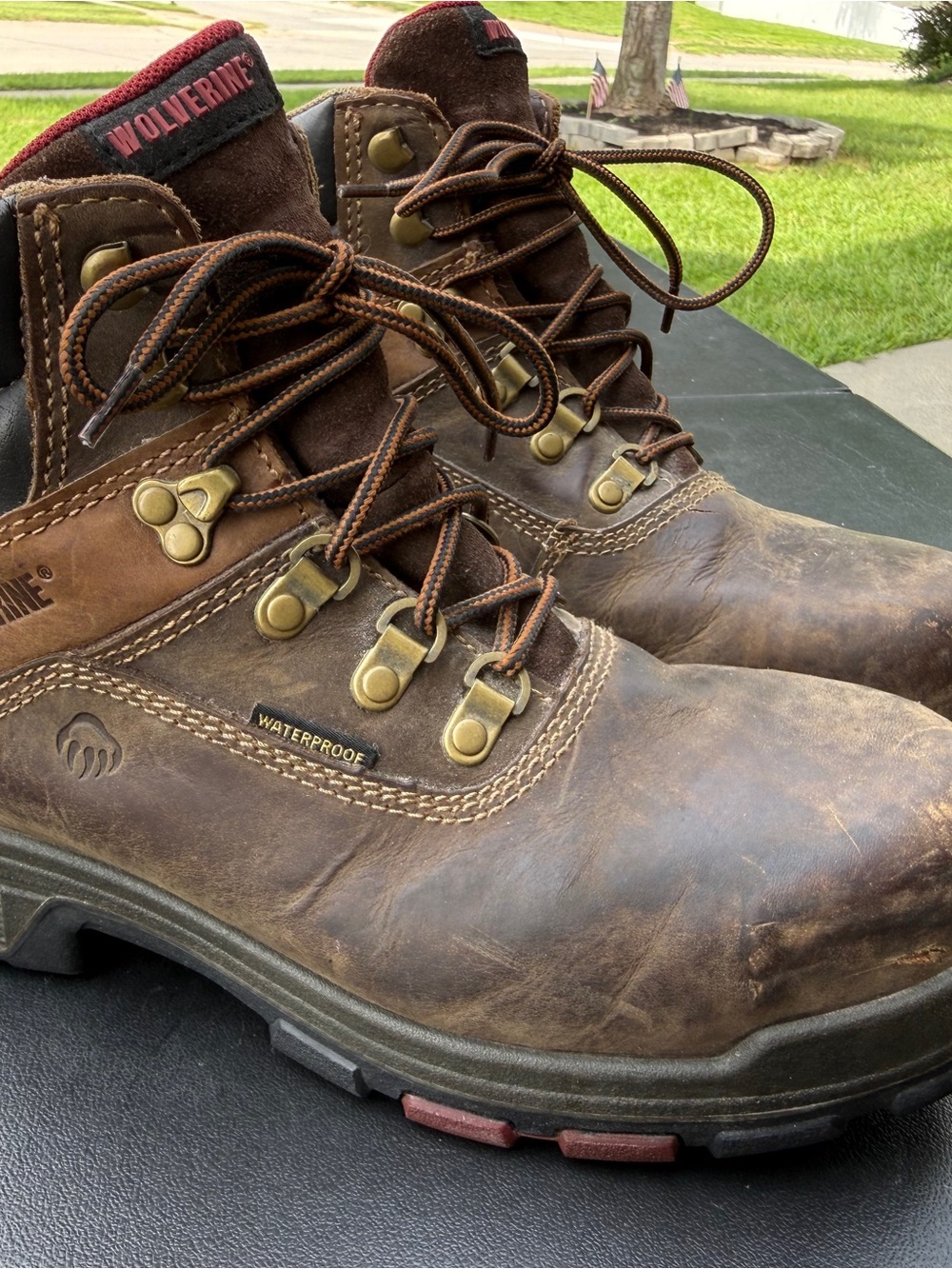 Wolverine Brown Leather Waterproof Work Boots with Red Trim